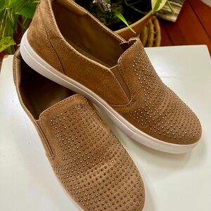 Women's Brown Faux Suede Slip-On Sneakers Size 8.5 Studded Rhinestone Loafers